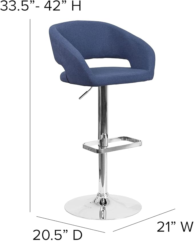 Flash Furniture Erik Comfortable & Stylish Contemporary Barstool with Rounded Mid-Back and Foot Rest, Adjustable Height - Blue Fabric with Chrome Base