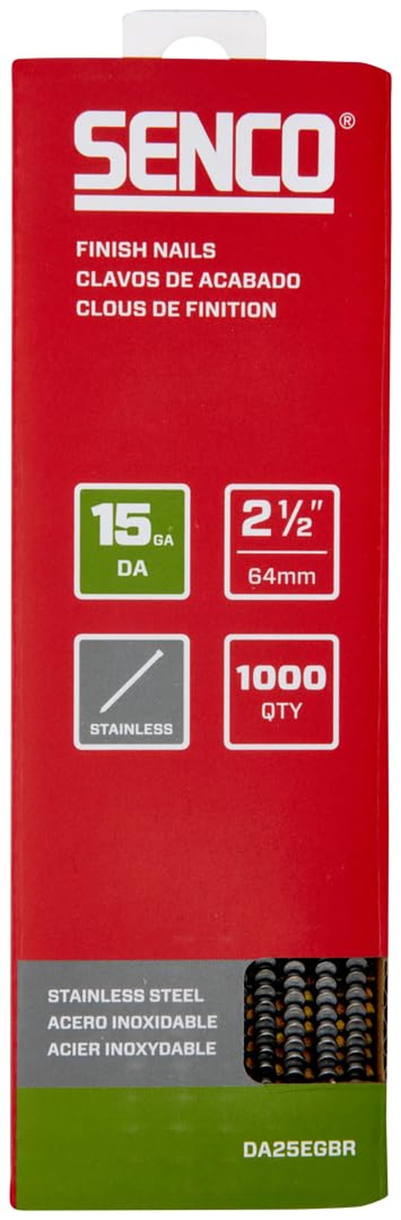 SENCO DA25EGBR 34 Degree Collated Finish Nails, 15 Gauge, 2-1/2 Inch Length, SAE 304 Stainless Steel, 1,000 Count Pack