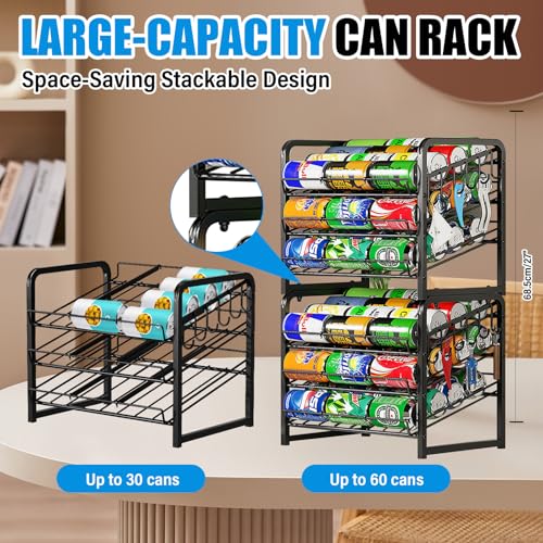 6-Tier Stackable Soda Can Rack Organizer for Pantry, Adjustable Can Dispenser Holds Up to 60 Cans, with 12 Hooks, Can Storage Holder for Various Ounces of Canned Food Soda Drinks, Black, 2 Pack