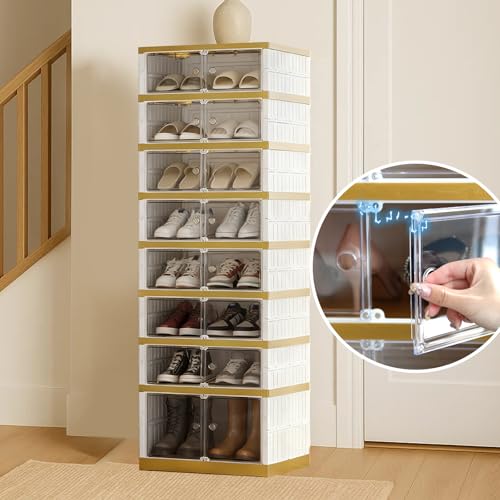 SYNCVIBE Shoe Rack Organizer for Closet Entryway Foldable Sneaker Storage Shoe, Collapsible Shoe Cabinet, Stackable Shoe Storage Cabinet with Lids for Living Room (9 Tiers -18 Pairs White Gold) - size: 9 Tiers -18 Pairs White Gold