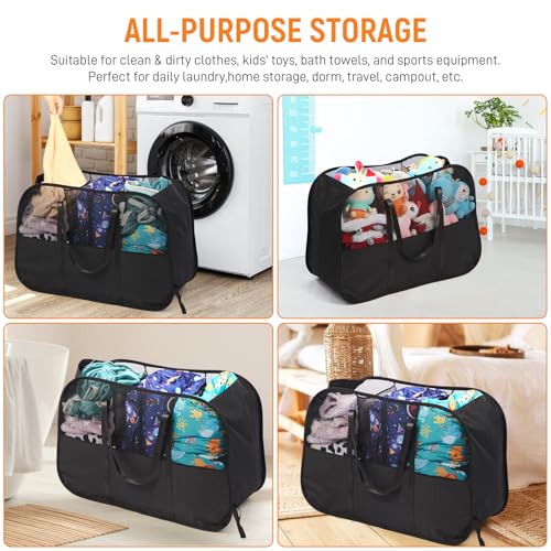 Collapsible Laundry Baskets with 3 Compartment, 150L Tear-proof Pop Up Hamper, Foldable Laundry Basket with Tote Handles, Dirty Clothes Hamper for Laundry, Bedroom, Bathroom, Dorm Black - style: 3 Compartments- Black