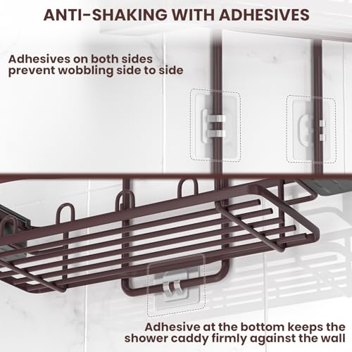 REINHARDT Shower Caddy Hanging, Rustproof Shower Caddy Anti-Swing Shower Organizer No Drilling Showers Racks with Soap Holder Multi Hooks Bathroom Storage for Shampoo Sponge, Bronze - color: Bronze