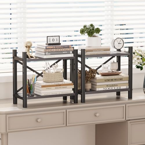 Desktop Bookshelf, 4-Tier Stackable Narrow Bookcase, Adjustable Industrial Desk Organizer & Hutch - Rustic Brown Wood Desktop Book Organizer for Living Room, Bedroom & Home Office - color: Grey