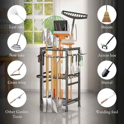 Garden Tool Organizer Storage Metal Yard Tool Organizer Heavy Duty Garden Tool Rack Stand with Extra Hooks, Up To 35 Long Handled Shovels/Rakes/Brooms Holder for Garage,Shed,Outdoor(Black)