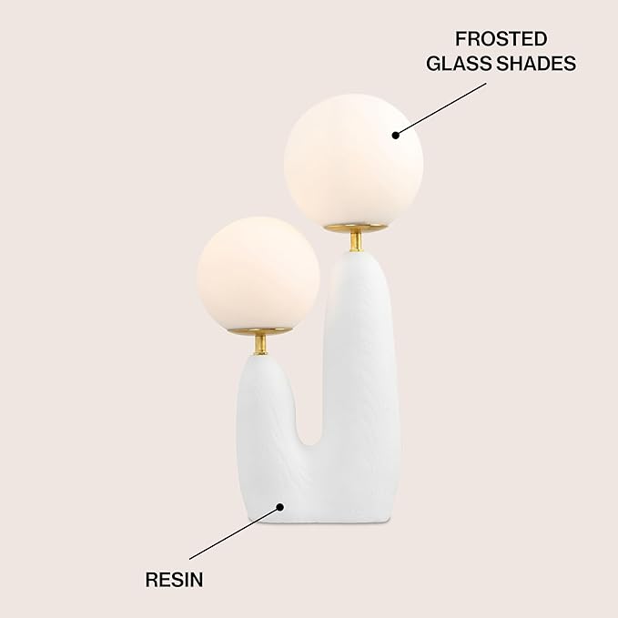 JONATHAN Y 17.75" White/Brass Gold Modern Bohemian Danish Cactus LED Table Lamp, 2-Light Mid-Century Minimalist Desk Light for Bedroom Living Room, Frosted Glass Globe Shades (JYL4065B)