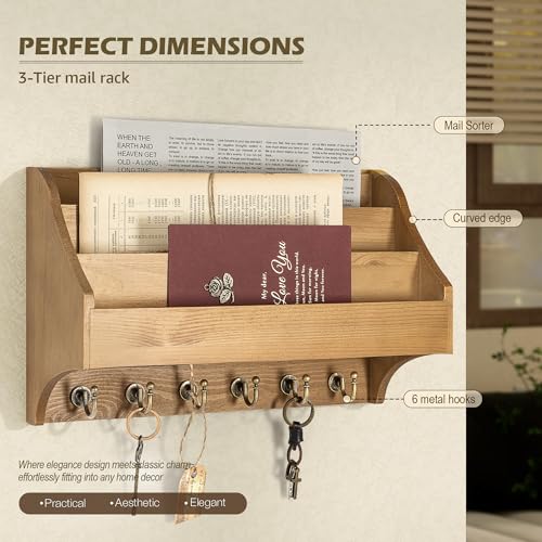 Rebee Vision Pine Wood Key Holder Wall Mount - Rustic 3-Tire Mail Holder for Wall with Sturdy Key Hooks - Multifunctional Key Holder on Wall for Home Office (Light Brown) - color: Yellow