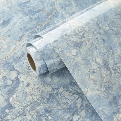 Wallercity Glossy Cream Blue Marble Contact Paper for Kitchen Countertops Self Adhesive Marble Wallpaper for Bathroom Bedroom Peel and Stick Countertops Wall Paper for Cabinets Drawers 15.8''x78.7''