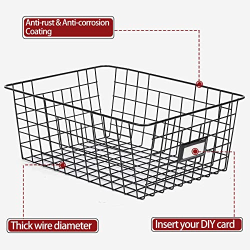 8 Set, Extra Large Wire Baskets for Organizing with Lables, Cabinet Pantry Organization and Storage Bins - Metal Basket for Kitchen, Laundry, Garage, Fridge, Bathroom Countertop Organizer, Black - size: Large-8 Pack