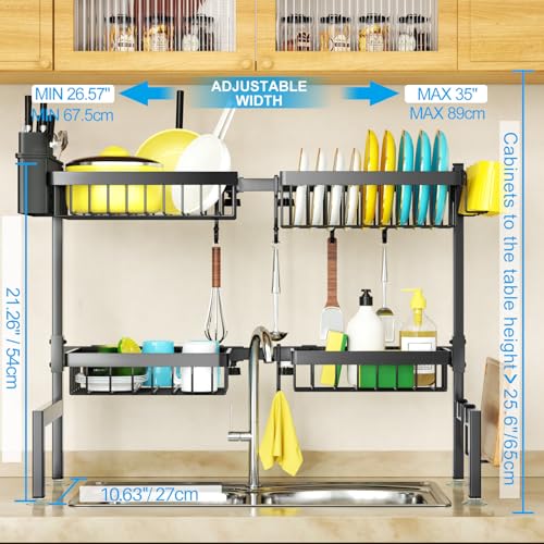 SNSLXH 4 Baskets 2-Tier Over The Sink Dish Drying Rack, 26.57"-35", Large Sink Rack for Kitchen, Extensible and Adjustable, Saving Kitchen Space - size: 2 tiers 4 baskets