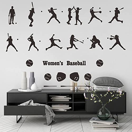 Women's Baseball Wall Sticker-12 Action Silhouettes of Female Players-Softball Pitcher and Batter Decals-Removable PVC Wall Art for Baseball Lovers for Sports Enthusiasts-31 x44 Inch(JWH199-black)
