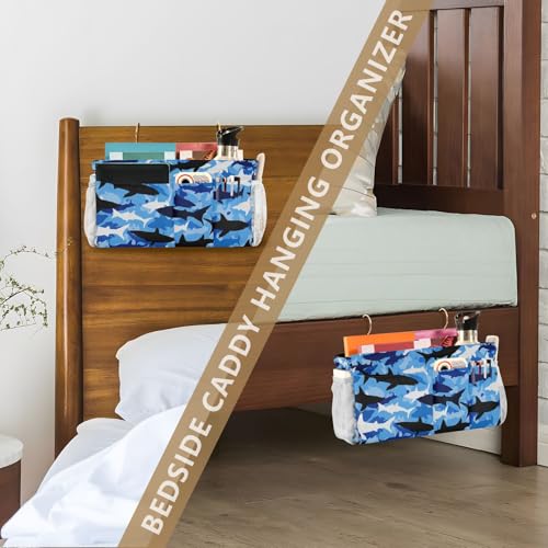 Bedside Caddy Hanging Bunk Bed Caddy Bed Organizer Hanging Pocket with 2 Hooks Bedside Storage Organizer Pocket Bag Holder Marine Bright Sky Blue Shark - color: Marine Bright Sky Blue Shark