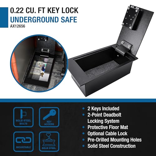 Barska 0.22 Cu. Ft. Hidden Floor Safe with Key Lock ? Solid Steel Construction, Concealed Design, Dual Locking Bolts ? Secure Storage for Home, Business, Jewelry, Cash & Valuables