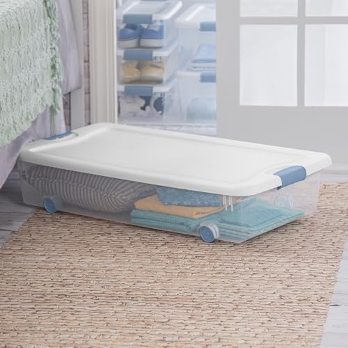 Sterilite 4-Pack 56 Quart Wheeled Latching Box, Underbed Clear Plastic Storage Organizer - Under Bed Rolling Container Bin with Lid and Wheels for Home or Dorm Bedrooms and Closets - size: 56 Quart, style: 4 Pack