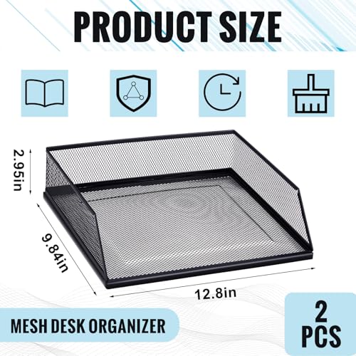 Hicarer 2 Pcs Black Metal Letter Tray Stackable Desk Tray Single Wire Mesh Organizer Front Load File Paper Holder for Desktop Office Home School Classroom (9.84 x 12.8 Inch) - size: 9.84 x 12.8 Inch