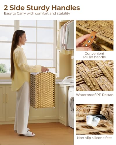 Greenstell Laundry Hamper with Lid, 125L Laundry Basket with 2 Removable Liner Bags & 2 Mesh Bags, Handwoven Synthetic Rattan Clothes Hamper for Clothes, Toys in Bathroom, Bedroom, Foldable, Natural - color: Natural, size: 125L (25.6 x 13.0 x 23.6 inches)