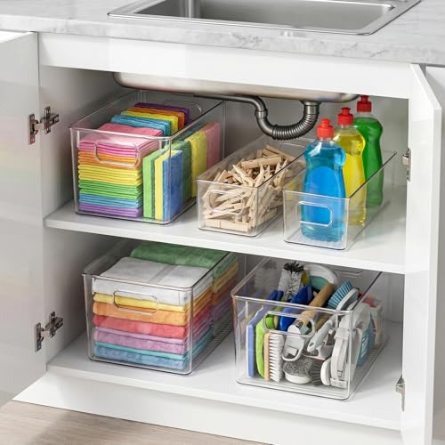 YKIOKE 8 Pack Clear Plastic Storage Bins with Handles,4 Large and 4 Small Stackable Organizer Containers for Kitchen, Countertops, Cabinets, Fridge, Drinks, Fruits, Vegetable, Cereals - size: 8-Pack