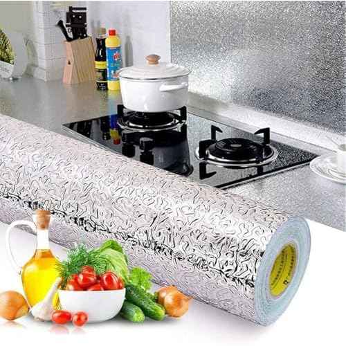 Kitchen Wallpaper Oil Proof Sticker Backsplash Aluminum Foil Self-Adhesive Paper Silver Cabinet Liner Shelf Liner Waterproof and Heat Resistant Peel and Stick Backsplash(15.7X118 Inches)