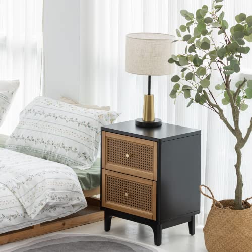 COZAYH Set of 2 Fully-Assembled 2-Drawer Woven Cane Front Accent Nightstand with Brass Knobs, Black - color: Black, style: 2 Drawer/2 pack