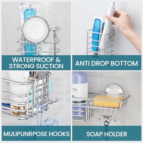 TAILI Shower Caddy Suction Cup, 3 Pack Shelves for Inside with Hooks & Soap Holder Toothbrush Cups, Removable Bathroom Organizer, Rustproof Silver Storage-Silver - style: 3× Silver