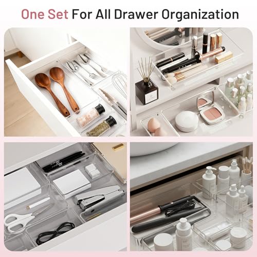 10 Pack Large Drawer Organizer Bins - Clear Plastic Bathroom Drawer Organizer Trays - Heavy Duty Kitchen Drawer Dividers for Utensils - Non-Slip Storage Bins for Makeup, Bedroom, Office Desk - size: 10 Pack
