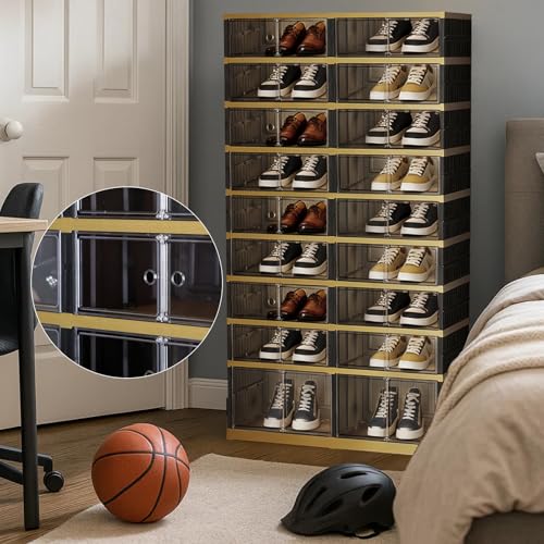 SYNCVIBE Shoe Rack Organizer for Closet Entryway Foldable Sneaker Storage Shoe, Collapsible Shoe Cabinet, Stackable Shoe Storage Cabinet with Lids for Living Room (9 Tiers -36 Pairs Black Gold) - size: 9 Tiers -36 Pairs Black Gold