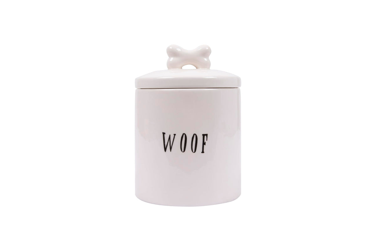 Creative Co-Op Ceramic Dog Treat Jar with Woof Message and Bone Handle Lid, White and Black