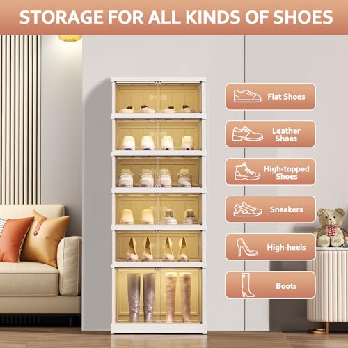 SYNCVIBE Foldable Shoe Rack Organize 6 Tier Plastic Shoe Shelf, 12 Pairs Collapsible Shoes Storage Bins, Large Folding Shoe Boxes for Closet with Doors, Stackable Storage Shoe Cabinet - size: 6 Tiers -12 Pairs