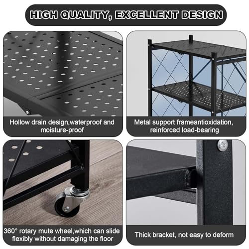 IDEALHOUSE 5 Tier Folding Shelves with Wheels, Heavy-Duty Storage Rack, No Tools Assembly, 63" H for Kitchen Pantry Garage Office, Black
