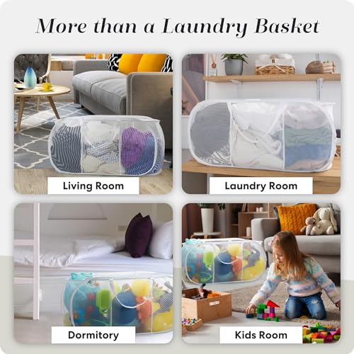 Handy Laundry Collapsible Laundry Basket, 3-Compartment Mesh Laundry Sorter, Foldable Pop Up Hamper with Handles, Space-Saving Durable Organizer for Dorm, Bedroom, Travel, White