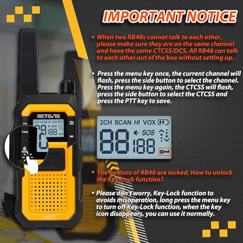 Retevis RB48 Walkie Talkies Long Range, IP67 Waterproof Two Way Radios with Earpiece, Support VOX, Vibration Call, 2000mAh, NOAA, 2 Way Radio for Business(2 Pack)