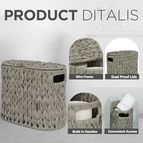 Toilet Paper Storage with Double Lid, Toilet Paper Basket for Storage, Waterproof & Freestanding Tissue Holder for Bathroom, 4 Rolls, Grey