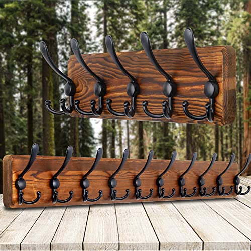 SKOLOO Rustic Wall Mounted Coat Rack: 16" Stud Spacing, Pine Real Wood Plank Wall Coat Rack with 5 Triple Hooks, Farmhouse Coat Hanger Wall Mount for Hanging Backpack Jacket Coat Hat - color: Brown Plate & Black Hook, size: 1 Item-5 Hooks