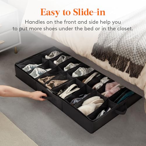 Lifewit Under Bed Shoe Storage Organizer 4 Pack(16 Shoes Cells), 4.3 Inches Profile Fabric Shoes Container Box with Clear Cover, Foldable Storage Bag with 2 Handles, Fits 32 to 64 Pairs - style: 16 Shoes Cells