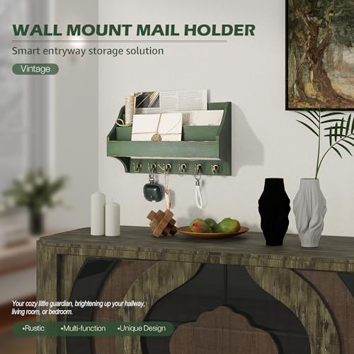 Rebee Vision Pine Wood Key Holder Wall Mount - Rustic 3-Tire Mail Holder for Wall with Sturdy Key Hooks - Multifunctional Mail Organizer Wall Mount for Sunglass at Home (Green) - color: Green