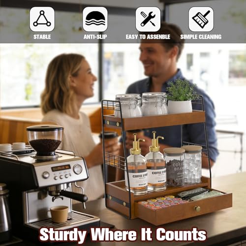 Coffee Bar Station Organizer with Built-In Drawer, 2-Tier Countertop Shelf for Tea Bags, Coffee Accessories, Syrup Bottles (Walnut) - color: Walnut