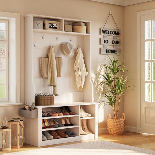 Aiho Hall Tree with Bench and Shoe Storage, 3-in-1 Entryway Hall Tree, with Adjustable Shoe Storage, for Entryway, Hallway, White - color: White