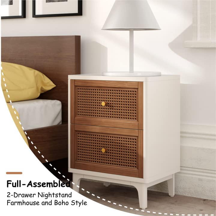 COZAYH Fully-Assembled 2-Drawer Woven Cane Front Accent Nightstand with Brass Knobs, Distressed White - color: Distressed White, style: 2 Drawer/1 pack