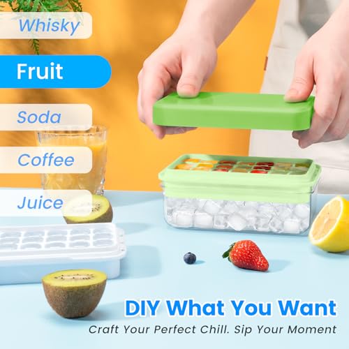 PHINOX Ice Cube Tray With Lid and Bin, Ice Trays for Freezer, Flexible Ice Cube Trays, Making 56 pcs Ice Cubes, Chilling Cocktail, Whiskey, Coffee, with 2 trays, Ice Container, Scoop&Cover, BPA Free - color: Green, size: 0.8"-2tier