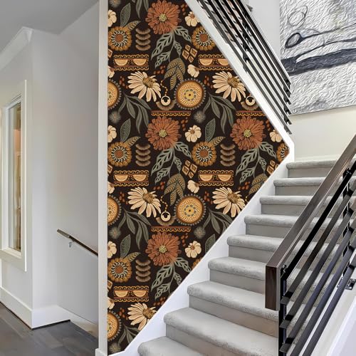 Boho Peel and Stick Wallpaper 17.3¡±¡¿120¡± Vintage Sun Floral Retro Removable Self Adhesive Wallpaper Flowers Bathroom Bedroom Kitchen Renter Friendly Wall Paper Botanical Mural Dark Countertop Paper