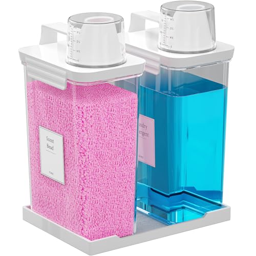 77.8OZ Laundry Detergent Dispenser Container, 2 Pack Liquid Laundry Dispenser, Plastic Detergent Dispensers for Laundry Room/Powder/Fabric Softener with Labels/Tray, Clear - color: 2Pack 77.8OZ With Tray
