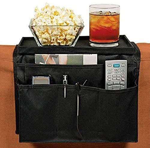 Sofa Armrest Organizer, Couch TV Remote Storage Organizer with Pockets for Recliner Armchair Snacks Glasses Smartphone Magazines Pouch (Black)