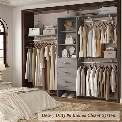 iSunirm 8FT Closet System, 96'' Closet Organizer System with 3 Hanging Rods, Wall Mount Bedroom Wardrobe with 3 Drawers Walk-in Closet, Adjustable Cloth Garment Rack from 5 to 8FT (Cut to Fit), Grey - color: Grey