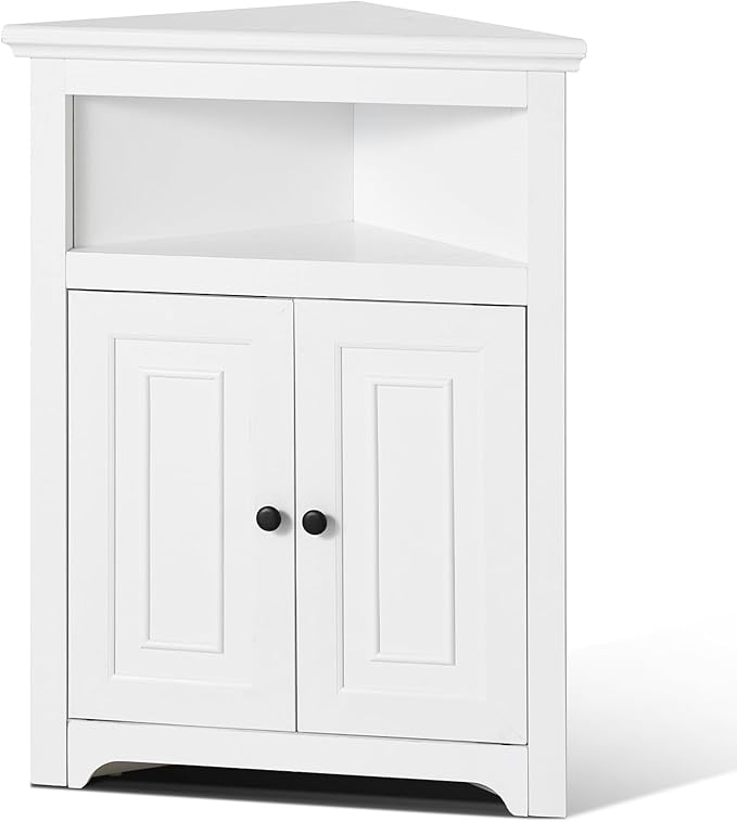 VEVOR 32" Corner Storage Cabinet, 3 Tiers Small Storage Cabinet with 2 Wooden Doors & Adjustable Shelves, Freestanding Corner Kitchen Cabinet for Living Room, Kitchen, Laundry Room, Bathroom, White