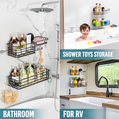 TAILI Shower Caddy Suction Cup 2 Pack with Hooks & Soap holder, Heavy Duty Shower Organizer for Bathroom, No Drilling Bathroom Organizer with Large Capacity, Black Metal Storage Basket - style: 2×Black