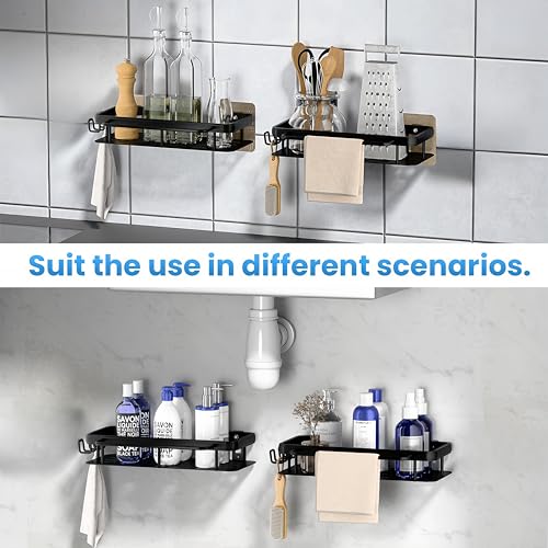 2-Pack Adhesive Shower Caddy – Rustproof Aluminum Black Shower Shelves with Towel Bars & Hooks, No Drill Bathroom Organizers and Storage, Anti-Tip Shower Organizer for Inside Shower - size: 2-Pack
