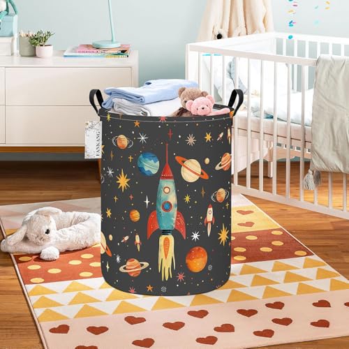 FANKANG Storage Basket, Nursery Hamper Canvas Laundry Basket Foldable with Waterproof PE Coating Large Storage Baskets for Kids Boys and Girls, Office, Bedroom, Clothes,Toys(Space rocket) - color: Space rocket