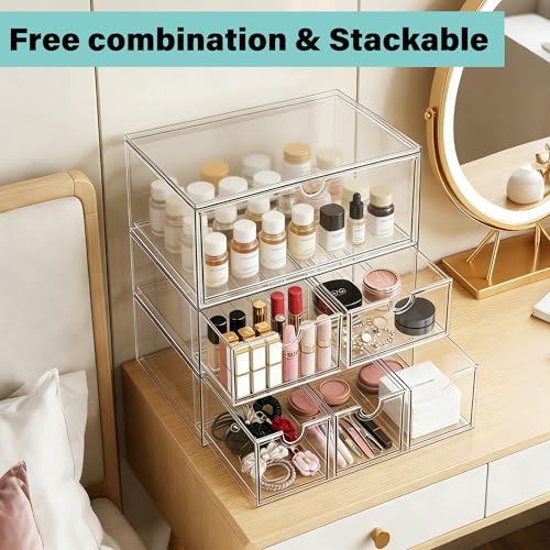 Prsildan Acrylic Makeup Organizer Stackable Clear Storage Drawers for Baby Bottles Desk Organizers for Countertop Vanity Nursery Adjustable Modular System for Cosmetics Jewelry - style: Style1-1 Drawer