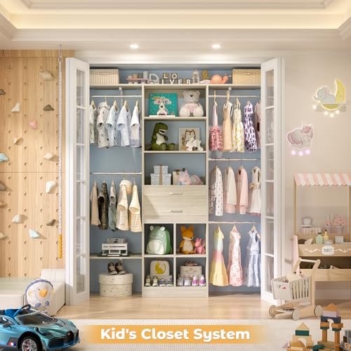 Small Closet System - 5FT Closet Organizer System with Wooden Drawers, 60 Inches Walk In Closet System With 5 Hanging Rods, Can Fit 1.58 to 6.8 FT with Reversible Hanging Shelving, Greige Oak - color: Greige Oak, size: 5FT