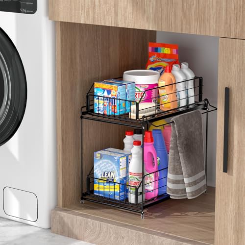 SUEH DESIGN Under Sink Organizers and Storage, 2 Tier Metal Under Sink Storage with Hanging Rail for Kitchen Bathroom Cabinet Organizer, 2 Pack - size: 10.3"W x 15.6"H Wider 2 Pack