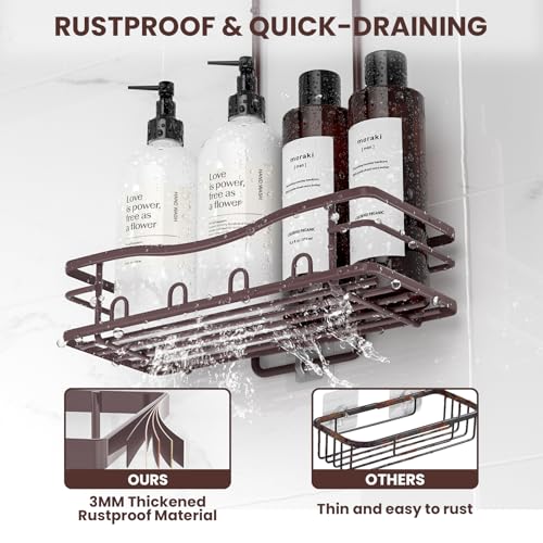 REINHARDT Shower Caddy Hanging, Rustproof Shower Caddy Anti-Swing Shower Organizer No Drilling Showers Racks with Soap Holder Multi Hooks Bathroom Storage for Shampoo Sponge, Bronze - color: Bronze